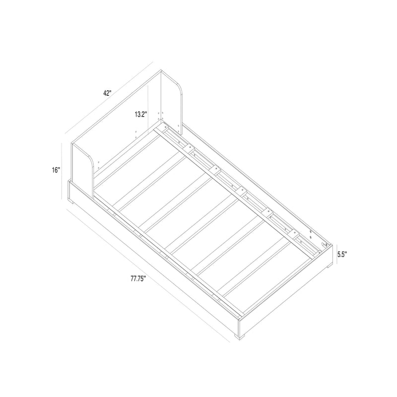 Technical line drawing of a platform bed frame with slatted support and headboard, annotated assembly measurements (77.75", 42", 13.2", 16", 5.5") for product listing and installation guidance