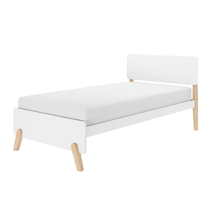Minimalist white twin bed with white mattress and light wood legs, Scandinavian-style single bed frame for kids or guest room