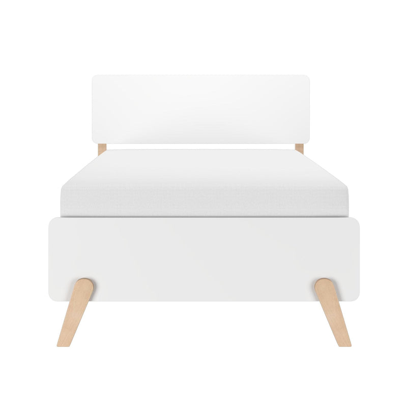 Minimalist white upholstered platform bed and headboard with light wood legs, modern Scandinavian bedroom furniture on white background