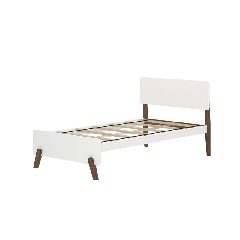 White twin platform bed frame with wooden slat base and walnut legs, Scandinavian mid-century modern headboard, isolated on white background