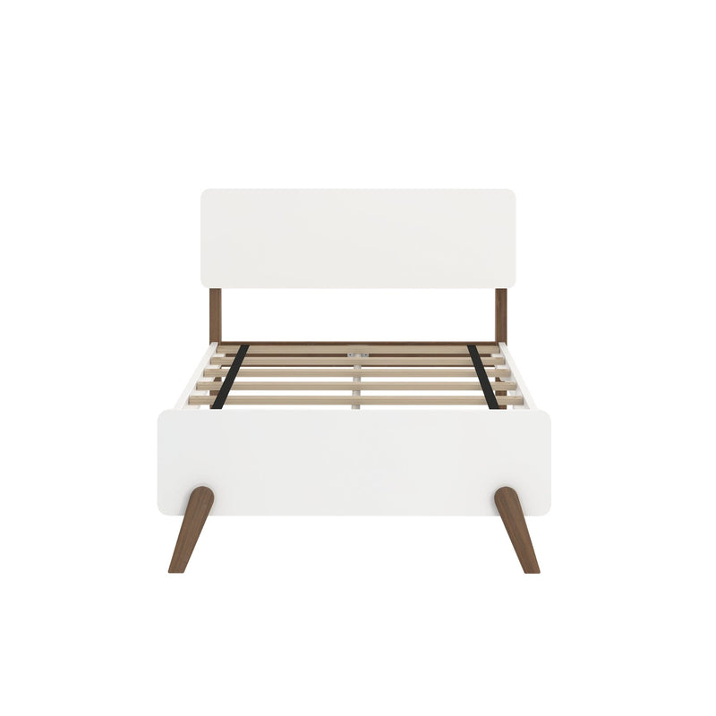 White mid-century modern platform bed frame with rounded headboard, tapered walnut legs and slatted wood mattress support