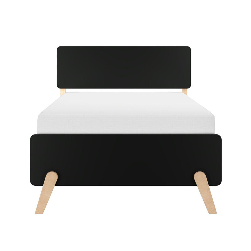Front view of modern minimalist bed with rounded black headboard, white mattress and light wood angled legs on white background