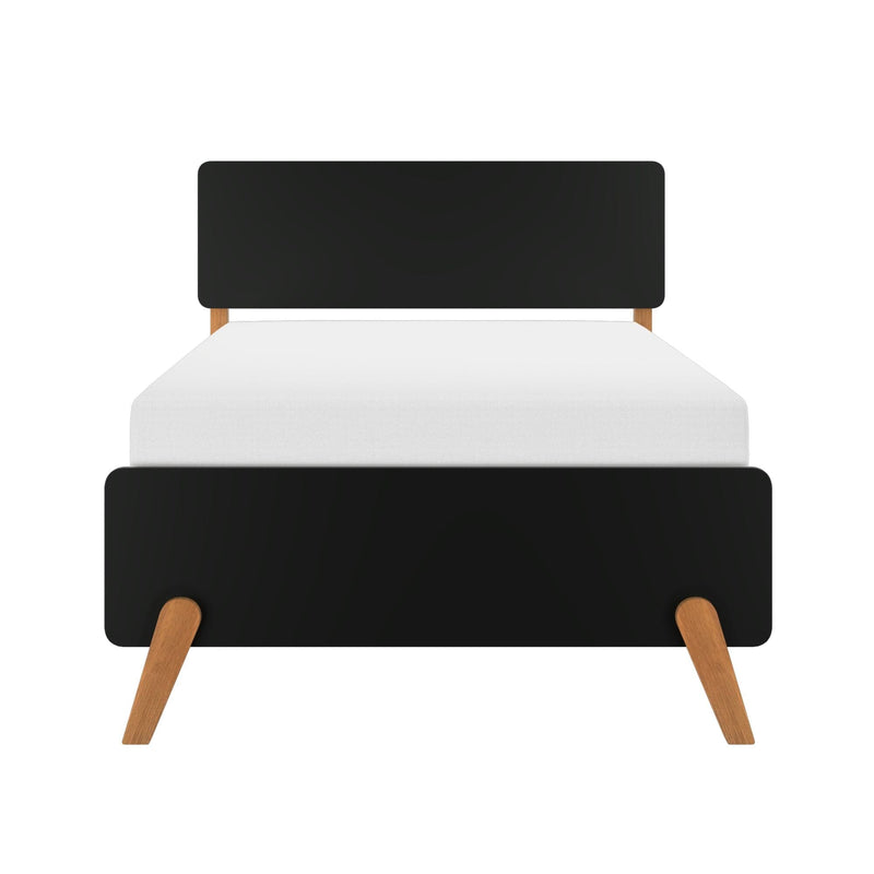 Minimalist mid-century modern black upholstered headboard with tapered oak legs and white mattress on a contemporary bed frame
