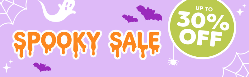 Halloween sale banner reading "Spooky Sale" with orange dripping text, ghost, bats, spider and webs, green "Up to 30% off" badge