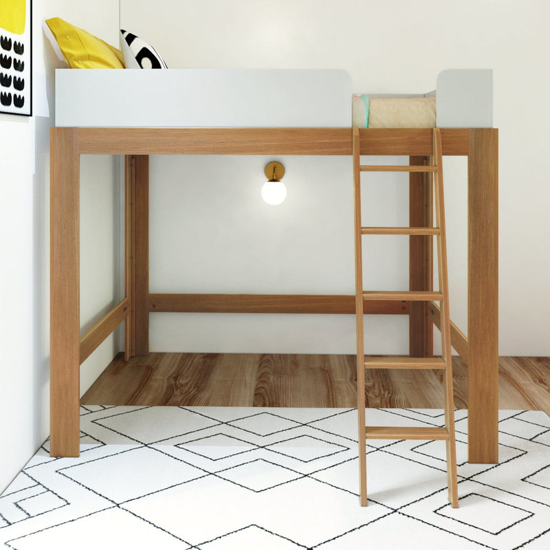 Wooden loft bed with ladder and white guardrail, yellow pillow in a modern Scandinavian kids bedroom with geometric rug