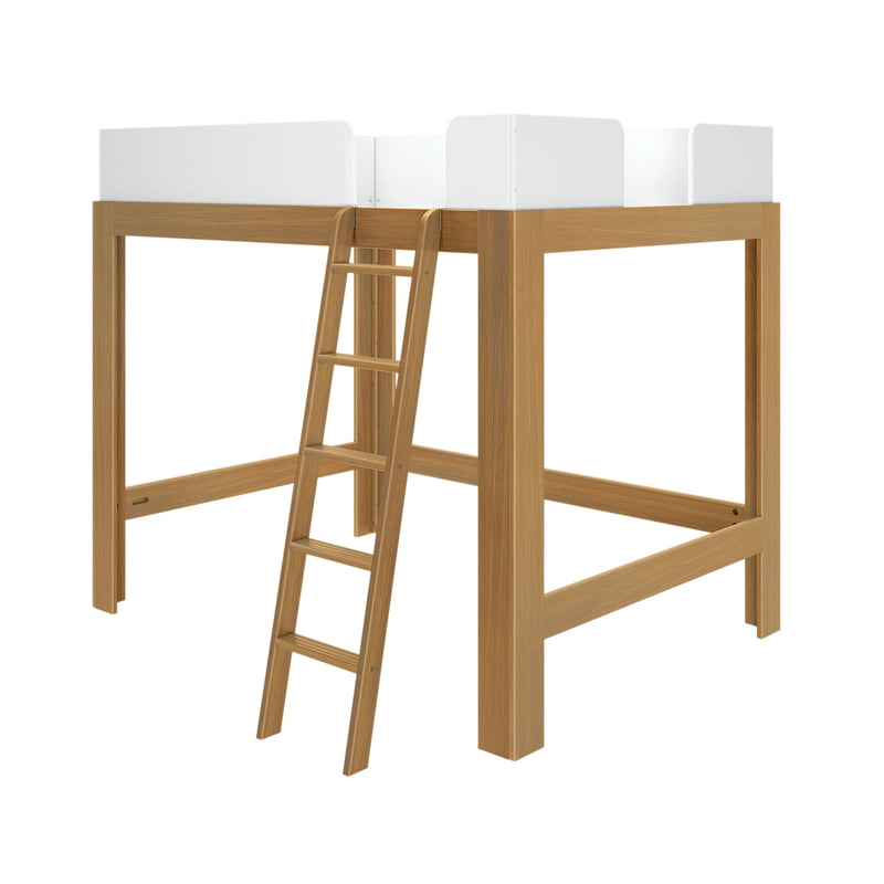 Wooden loft bed with ladder and white safety rails, modern high sleeper frame in natural wood finish for space-saving bedrooms