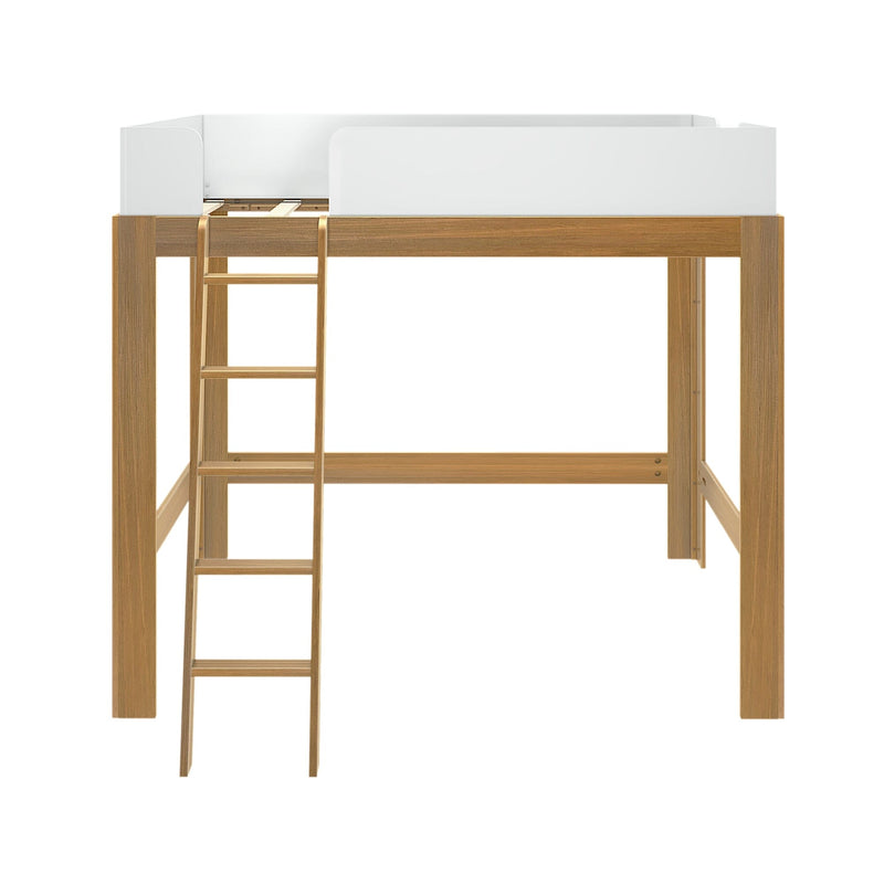 Modern wooden loft bed with white safety guardrails and built-in ladder, space-saving bunk-style high sleeper for kids' bedroom