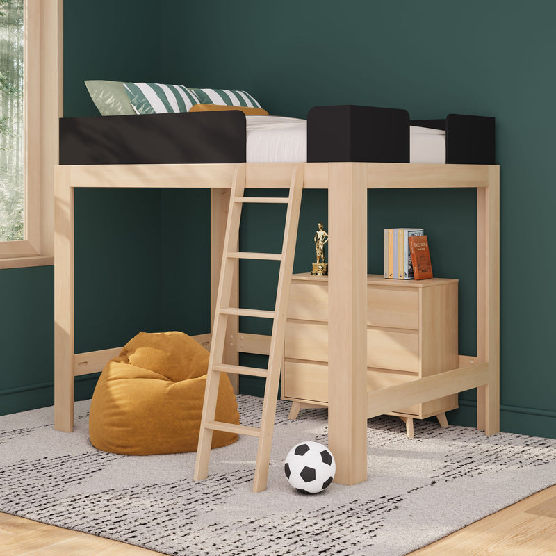 Wooden kids loft bed with ladder and under-bed storage in modern green-walled bedroom, striped pillows, beanbag and soccer ball