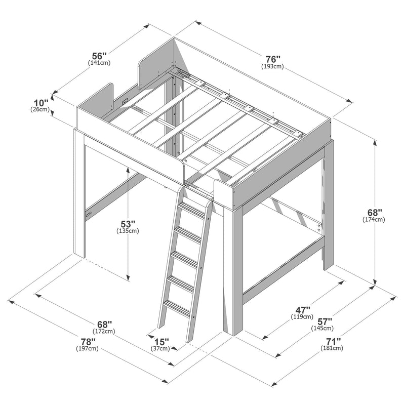 Isometric assembly diagram of a wooden loft bed with ladder, guardrails and clearly labeled measurements in inches and centimeters showing footprint, height and clearance