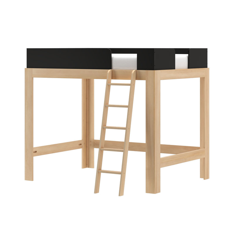 Natural wood loft bed with ladder and black safety rails, raised single/twin bed frame for small bedrooms