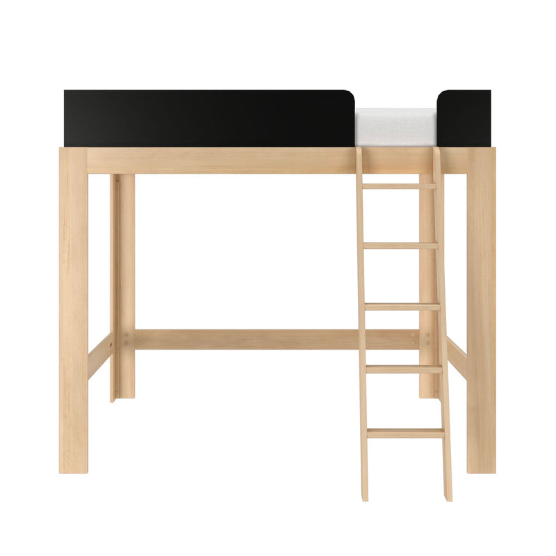 Natural light-wood loft bed frame with ladder and black safety guardrails, white mattress on a minimalist modern elevated bunk bed