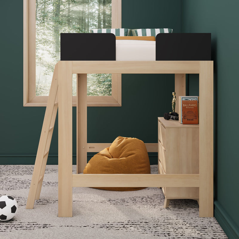 Modern natural wood loft bed with ladder in a green kids' bedroom, striped pillows, mustard bean bag, soccer ball and bedside storage with books and headphones