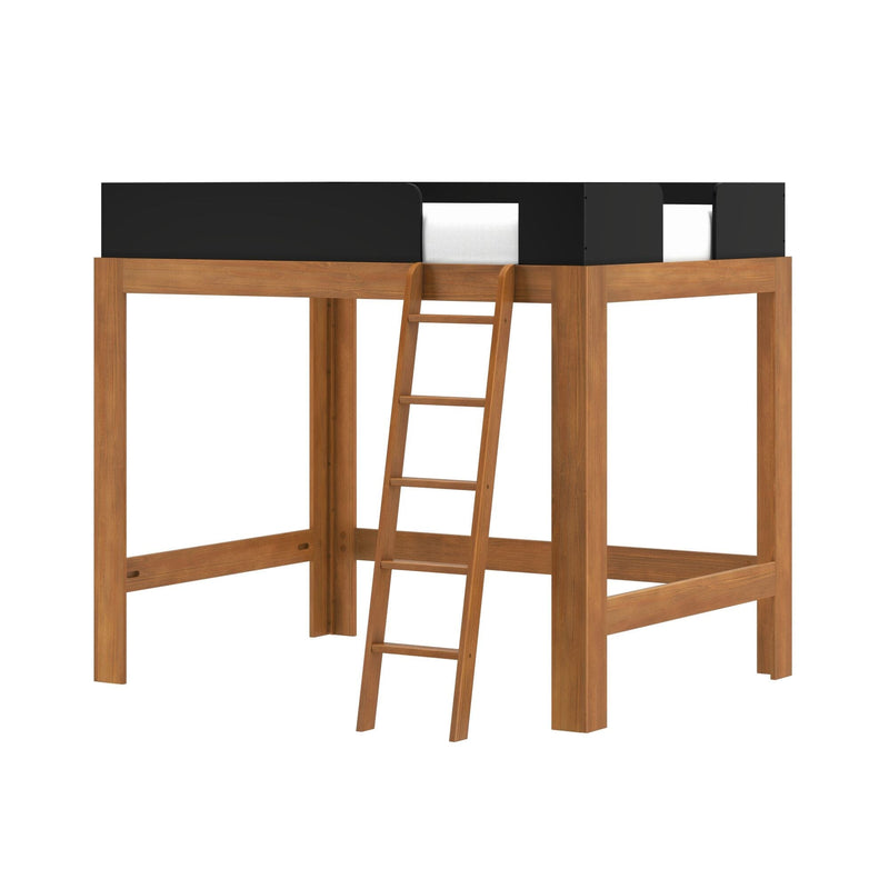 Space-saving solid wood loft bed with ladder and black guard rails, twin mattress platform in natural wood finish