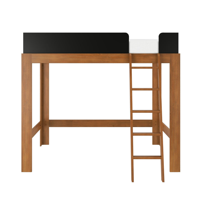 Solid wood loft bed frame with ladder and black guardrails, white mattress on raised platform in walnut finish, space‑saving modern raised bed for compact bedrooms