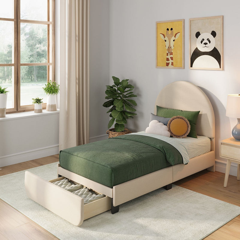 Modern kids bedroom with green bedding, pull-out under-bed storage, potted plants and giraffe and panda wall art by a sunny window
