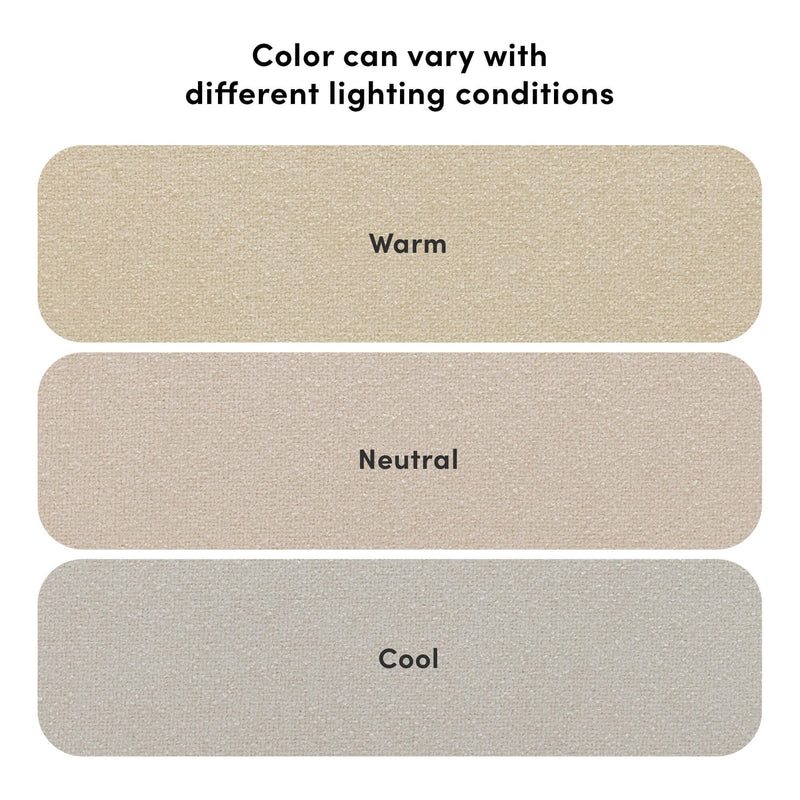 Close-up beige carpet color swatches labeled "Warm," "Neutral," and "Cool," showing textured samples and illustrating how different lighting conditions can affect carpet color.