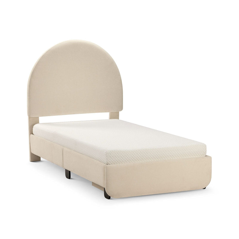 Beige upholstered twin bed with arched headboard and white mattress, modern minimalist fabric platform bed frame