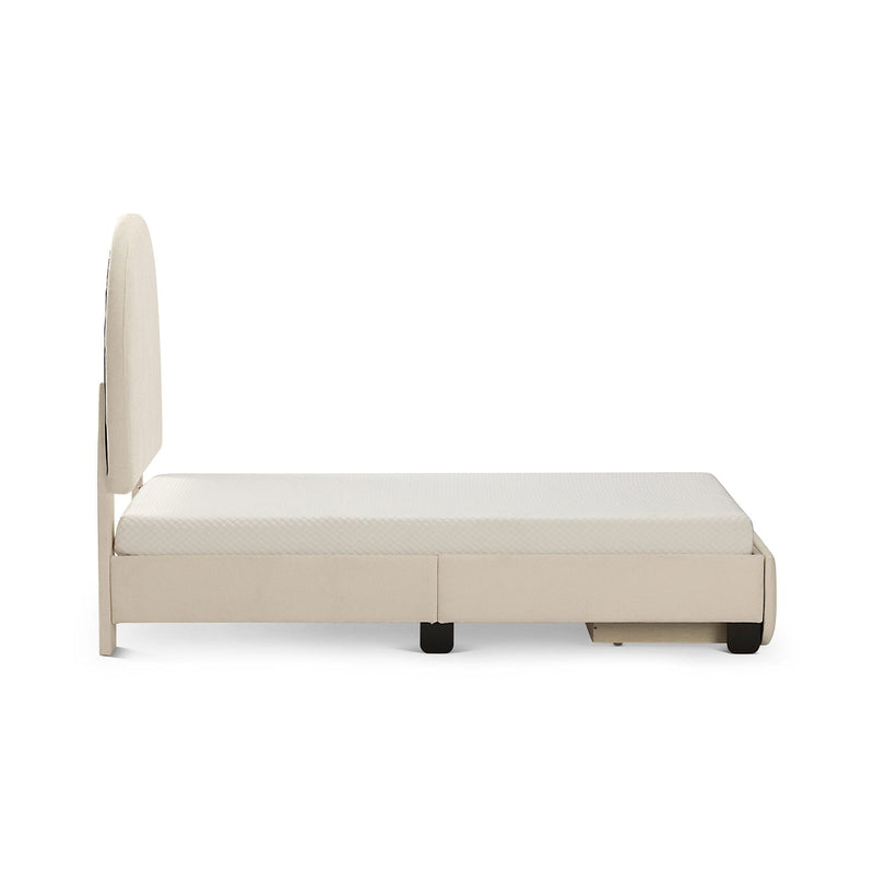 Side view of beige upholstered platform bed frame with padded headboard and white mattress, modern fabric bedroom furniture