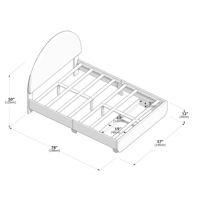 Slatted wooden bed frame assembly diagram with curved headboard, under-bed storage opening and labeled dimensions in inches and centimeters