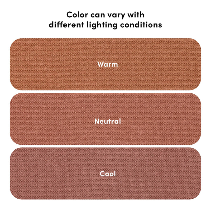 Textured knit fabric color swatches labeled Warm, Neutral, Cool showing how fabric color can vary under different lighting conditions