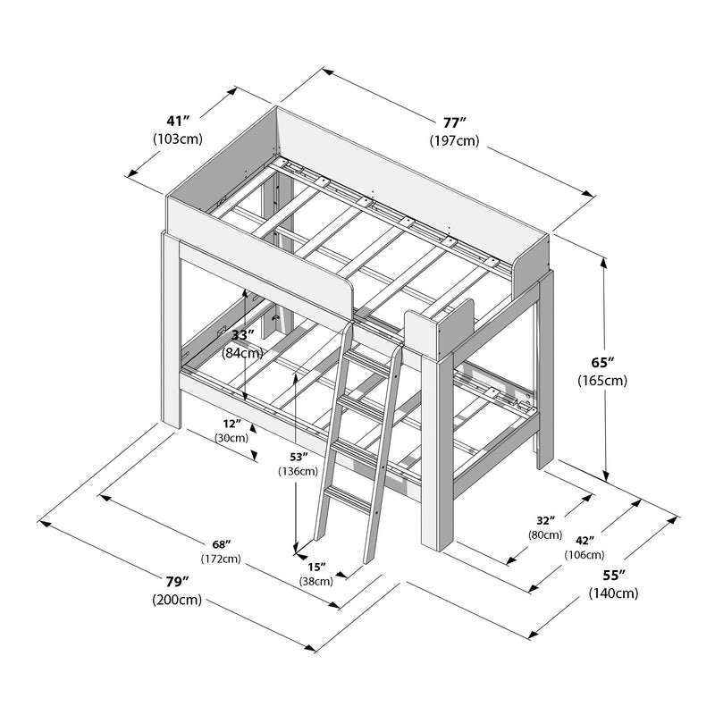 Technical assembly diagram of a wooden bunk bed showing ladder, guardrails and slatted frame with detailed measurements in inches and centimeters for bunk bed dimensions and installation reference