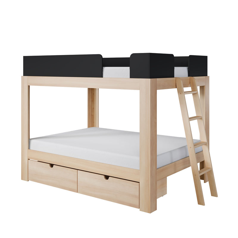 Natural beech wood loft bed with ladder, under-bed storage drawers, black safety rails and white mattress, modern children's bedroom furniture