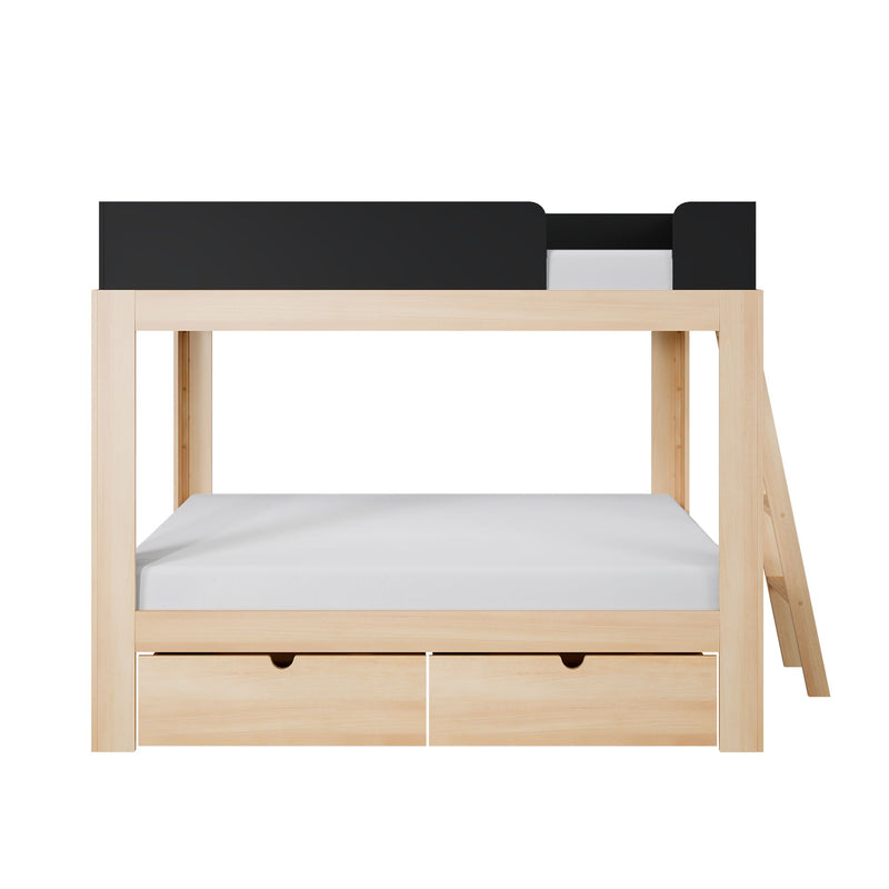 Natural pine loft bed with black safety rail and built-in under-bed storage drawers, space-saving kids' bunk bed with mattress