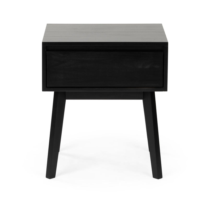Black mid-century modern wooden nightstand with single drawer and tapered legs, bedside table for bedroom storage