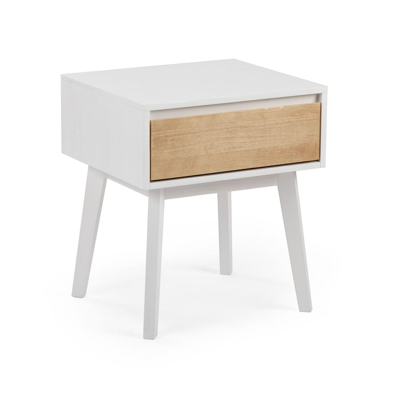 Mid-century modern white bedside table with single natural wood drawer, tapered legs, compact nightstand for bedroom storage
