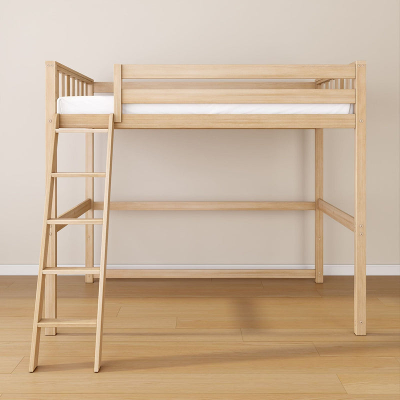 Natural wood loft bed with ladder in minimalist bedroom — space-saving modern twin loft bed, light oak finish