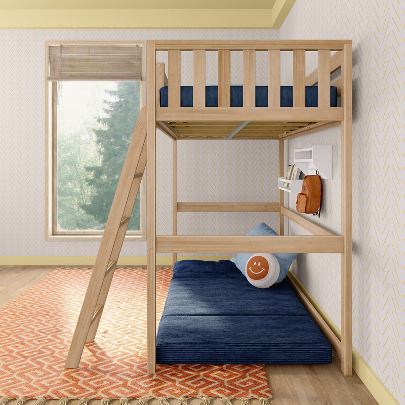 Wooden kids' loft bed with ladder, blue mattress and smiley pillow, wall shelf with orange backpack, yellow wallpaper and orange rug
