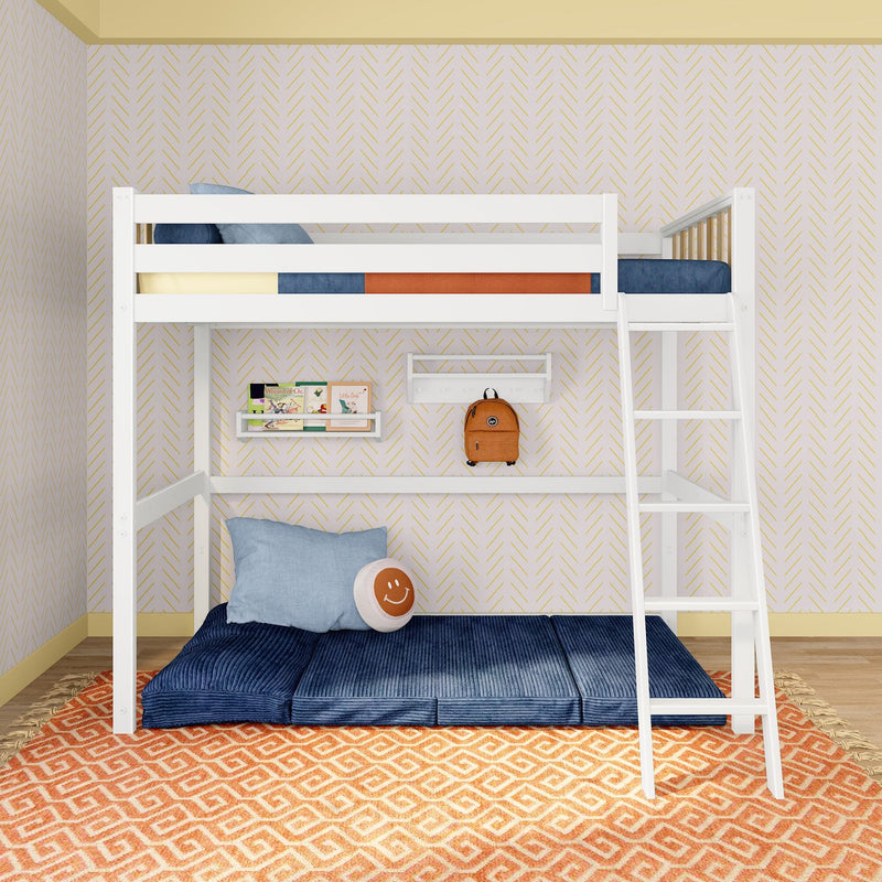White wooden loft bunk bed with ladder in kids' bedroom, navy cushions, chevron wallpaper, orange rug and hanging backpack