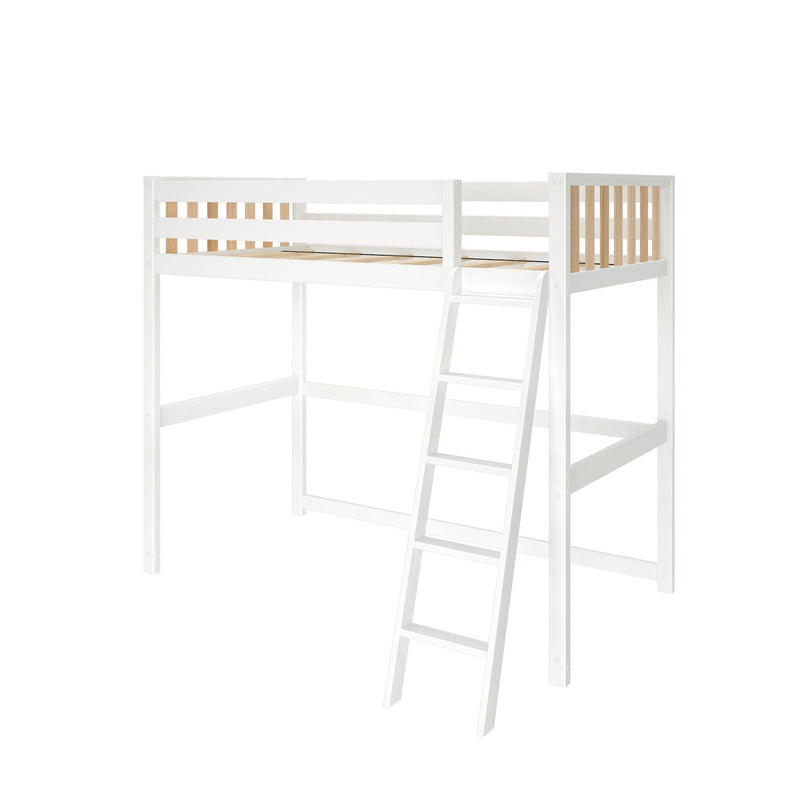 White wooden loft bed with ladder and natural wood slatted guardrails, elevated bed frame with open space underneath for storage or play