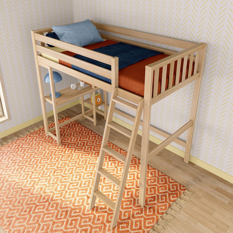 Natural wood kids loft bed with ladder and built-in desk, blue pillow and navy‑rust bedding, orange geometric rug and yellow chevron wallpaper in a children's bedroom