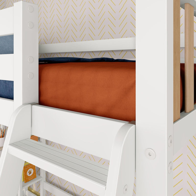 Close-up of a white wooden bunk bed ladder and guardrail with orange bedding and navy pillow against gold chevron wallpaper and natural wood slats in a modern kids' bedroom