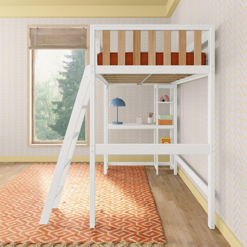 White loft bed with ladder and built-in desk, orange mattress, geometric rug and blue desk lamp in a kids' bedroom