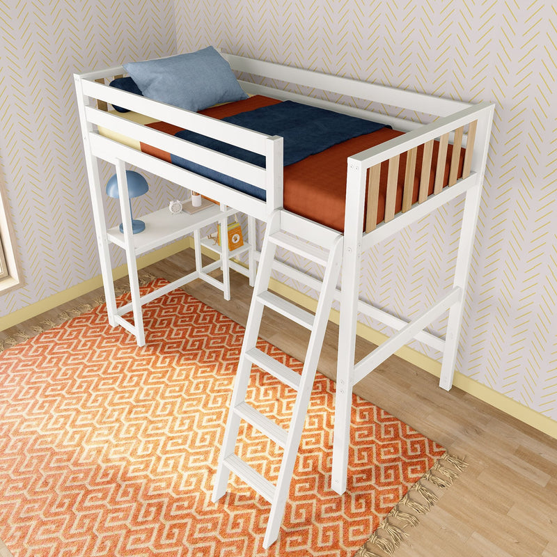 White twin loft bed with ladder and safety rails over built-in desk, navy-blue and rust bedding, orange geometric rug in modern kids' bedroom