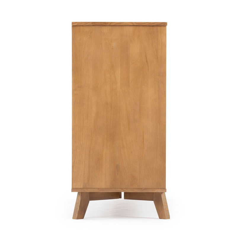 Back view of wooden studio easel with natural oak finish, visible wood grain and angled support legs for canvas painting