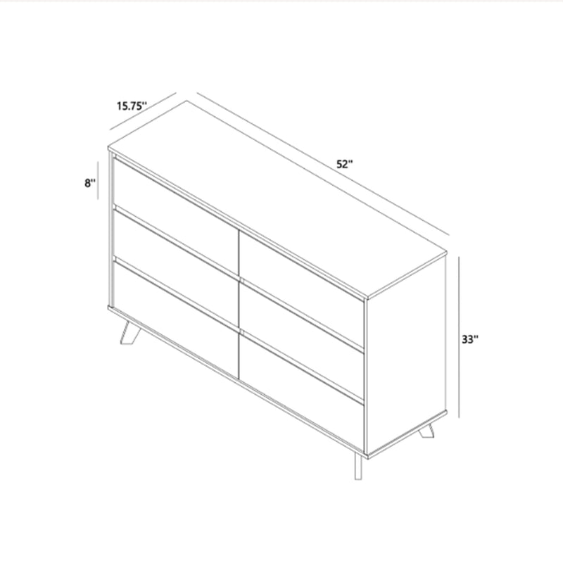 Mid-century modern six-drawer dresser line drawing with angled legs and dimensions 52 in W × 33 in H × 15.75 in D — assembly/measurement diagram