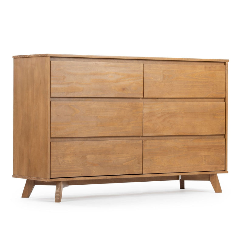 Mid-century modern light oak 6-drawer wooden dresser with tapered legs and natural finish, bedroom storage chest