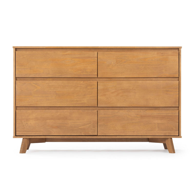Mid-century modern six-drawer oak dresser with angled legs in natural finish, bedroom storage chest