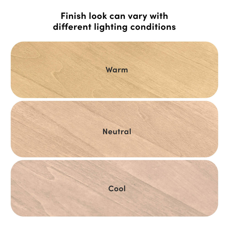 Wood tone samples showing warm, neutral, and cool finishes in rounded panels with headline "Finish look can vary with different lighting conditions" — lighting comparison for wood finishes.