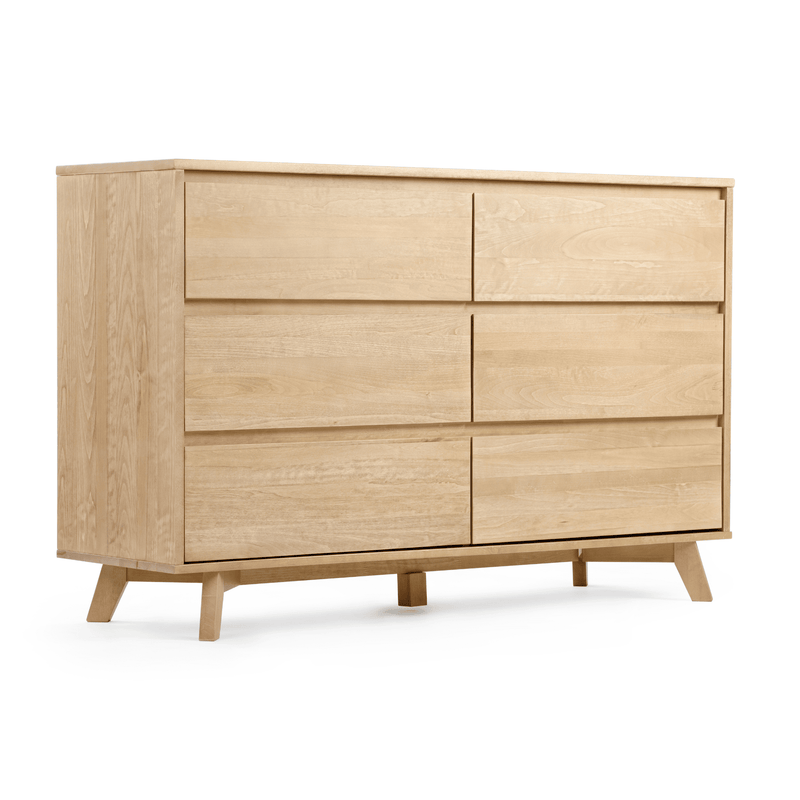 Mid-century modern light oak 6-drawer dresser with tapered legs and natural wood finish, minimalist bedroom storage chest