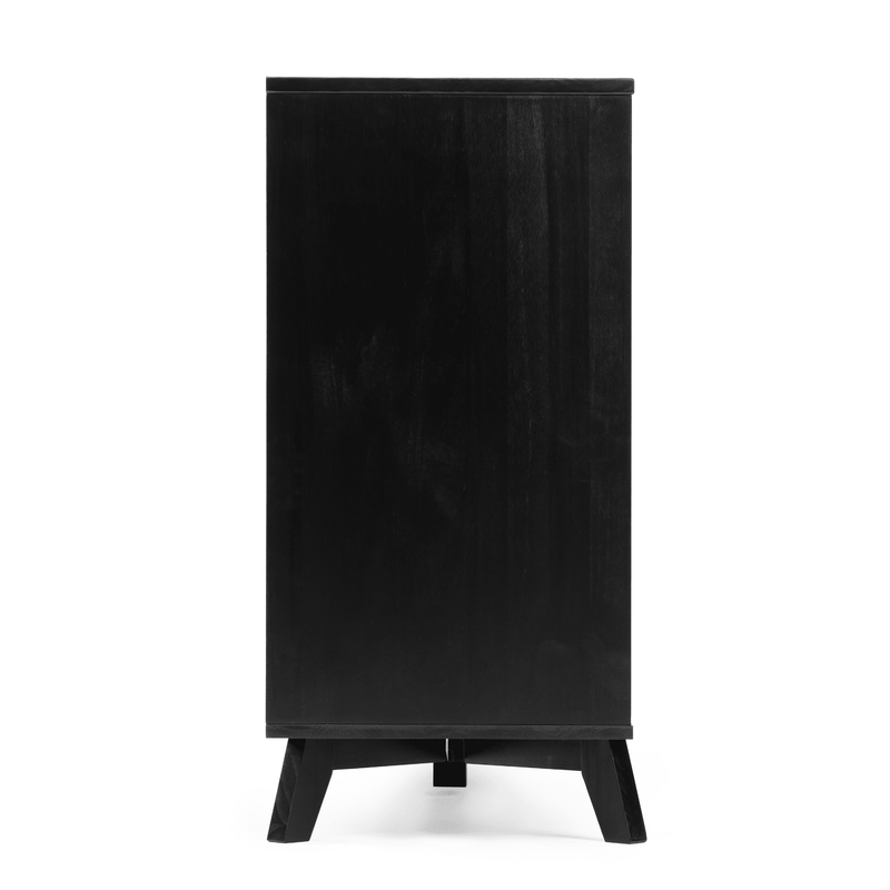 Tall black wooden storage cabinet with mid-century modern angled legs and matte finish on white background
