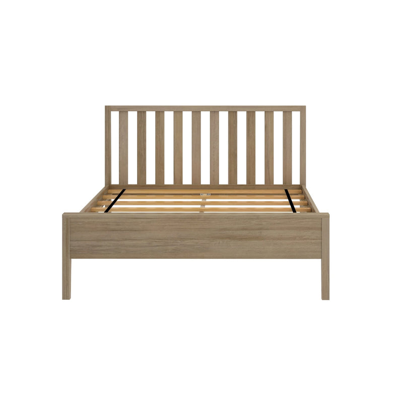 Modern wooden platform bed frame with vertical slatted headboard and slatted base in natural light wood finish