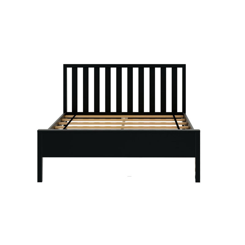 Black wooden platform bed frame with vertical slatted headboard and exposed wooden slats, modern minimalist bedroom furniture