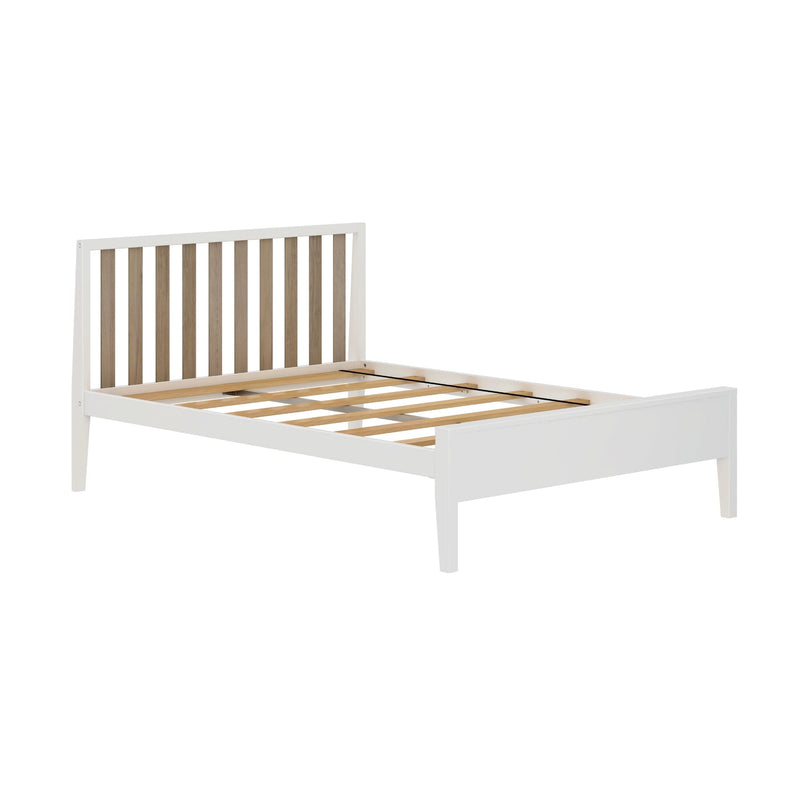 Modern white platform bed frame with vertical slatted wood headboard and exposed wooden slats, minimalist design on white background