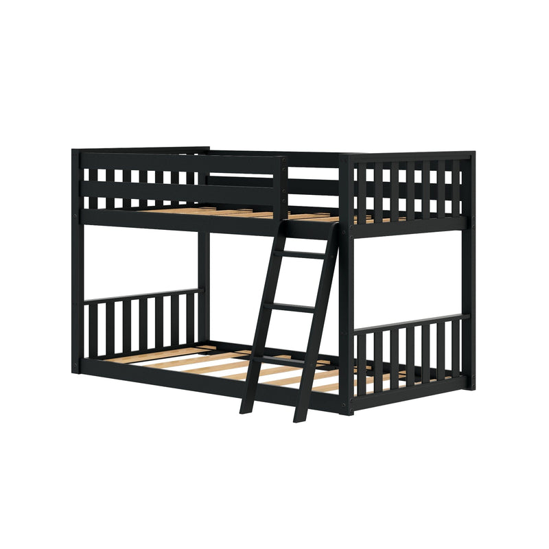 Black wooden bunk bed with ladder and slatted guardrails, solid wood frame and exposed bed slats for a modern kids' loft-style bedroom