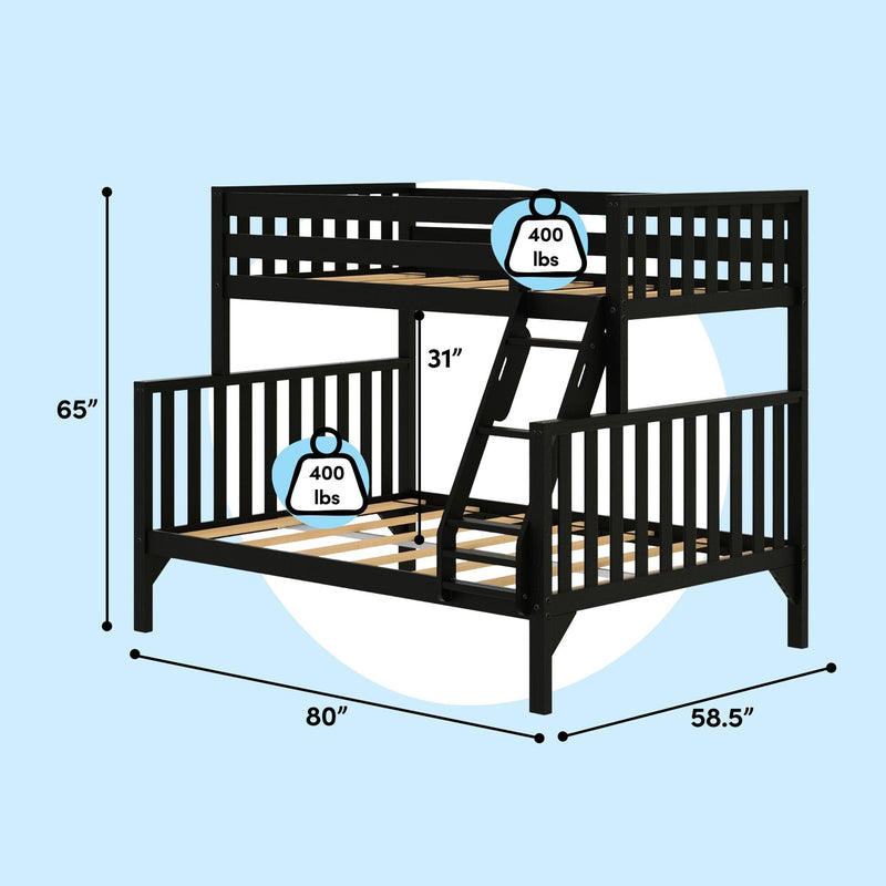 Black wooden loft bunk bed with ladder and guardrails, wood-slat platform, 400 lb weight capacity per bed, dimensions 80" L × 58.5" W × 65" H on light blue background.