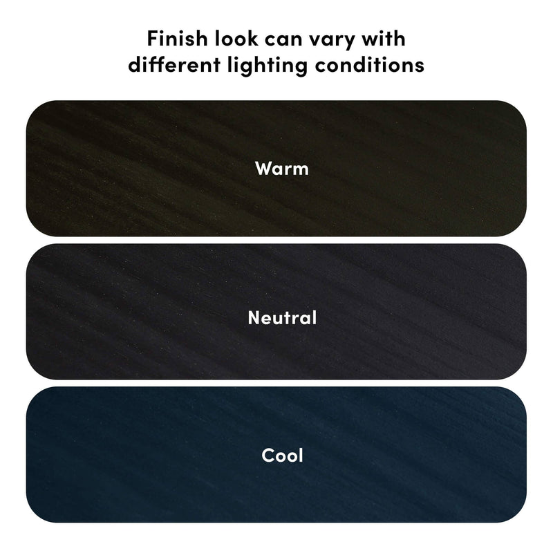 Wood finish samples showing warm, neutral, and cool lighting variations — three rounded dark wood-grain swatches labeled "Warm", "Neutral", "Cool" under heading "Finish look can vary with different lighting conditions".